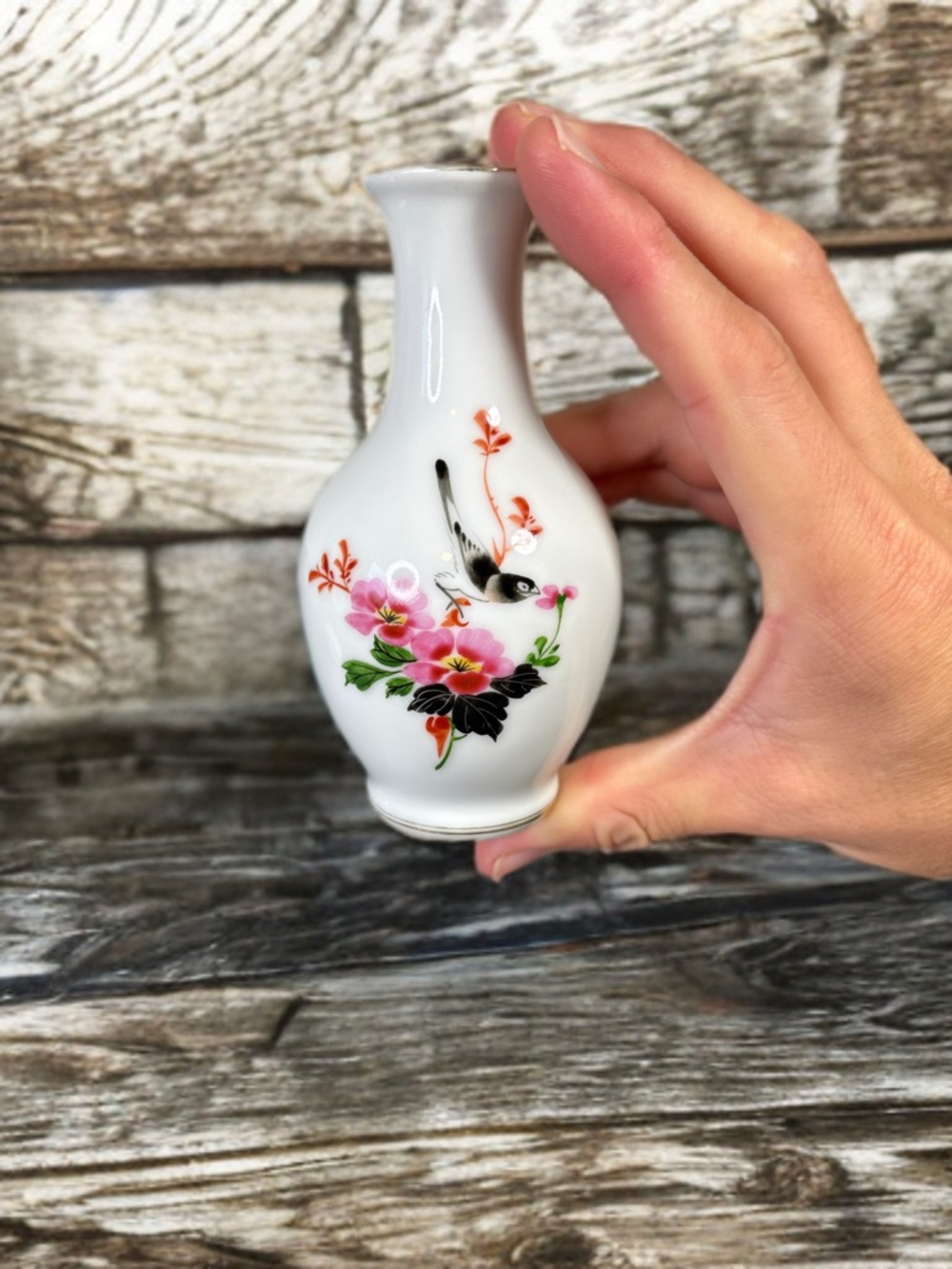 Vintage Chinese White Floral Bird Ceramic Bud Vase